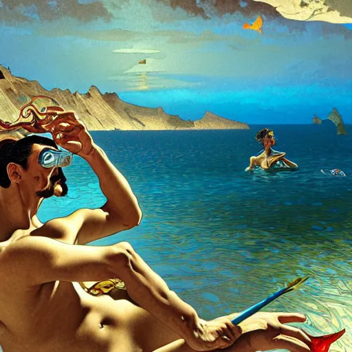 Prompt: salvador dali snorkeling in cap de ras, highly detailed, digital painting, artstation, sharp focus, illustration, art by tan zi and alphonse mucha