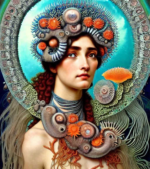 Image similar to hyperrealistic detailed face side portrait of the beautiful goddess of the fish skeletons with an intricate headgear of corals, sea kelp, sea plants, fish, starfish, jellyfish, art by ernst haeckel, john william godward, android jones, alphonso mucha, h. r. giger, gothic - cyberpunk, ornamental, beautiful deep colours,