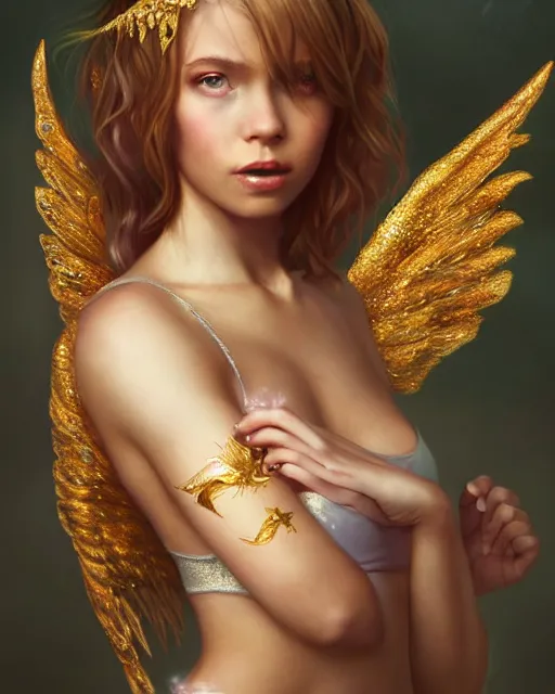 Prompt: beautiful fairy princess girl portrait, gold bra, wings!!!, highly detailed, d & d, fantasy, highly detailed, digital painting, trending on artstation, concept art, sharp focus, illustration, art by artgerm and greg rutkowski and fuji choko and viktoria gavrilenko and hoang lap