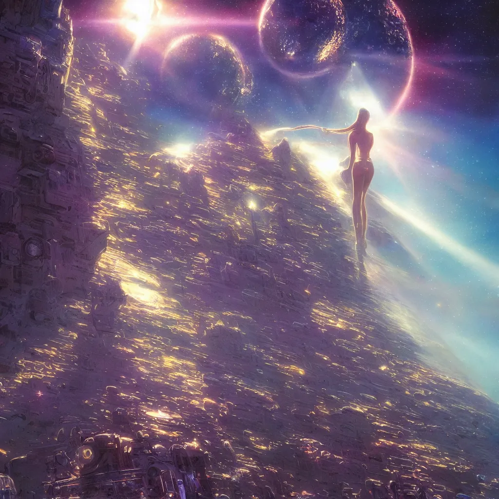 Image similar to the girl in the center looks at space, epic, volumetric light, hyperrealistic, glitter, mega detailed, beautiful composition, beautiful lighting, unreal render, 4 k, vincent di fate, john berkey, michael whelan