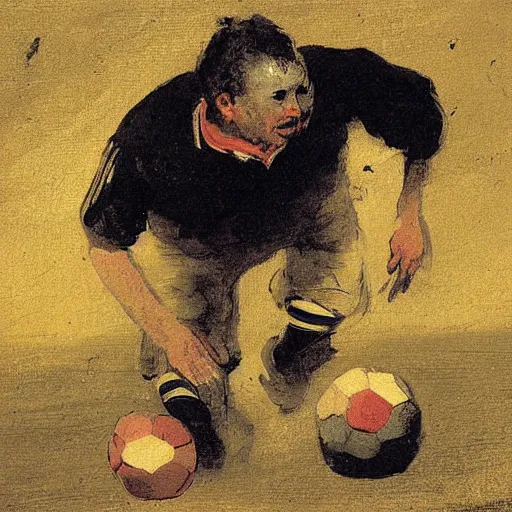 Prompt: a painting of a soccer player devouring a soccer ball by goya,