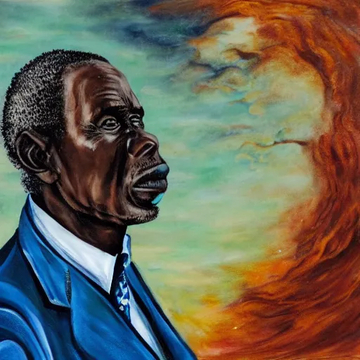Prompt: a painting of a loving, caring fatherly wide forehead, aquiline nose, round face, XXL , generous, ever-present, humble, wise elder from Kenya in a suit by Wangechi Mutu . Fatherly/daddy, focused, loving, leader, relaxed. Blue background, heavenly lights, details, smooth, sharp focus, illustration, realistic, cinematic, artstation, award winning, rgb , unreal engine, octane render, cinematic light, macro, depth of field, blur, light and clouds, highly detailed epic cinematic concept art CG render made in Maya, Blender and Photoshop, octane render, excellent composition, dynamic dramatic cinematic lighting, aesthetic, very inspirational, arthouse.