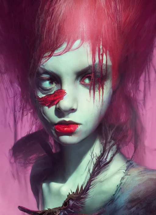 Image similar to portrait of sinister girl with pouty aerochrome lips, skeksis, unforgiving, bandaid on nose, expressive eyes, full body, translucent skin, greg rutkowski, charlie bowater, yuumei, stephen gammell, unreal 5, daz, hyperrealistic, octane render, rpg portrait, dynamic lighting, fantasy art, beautiful face