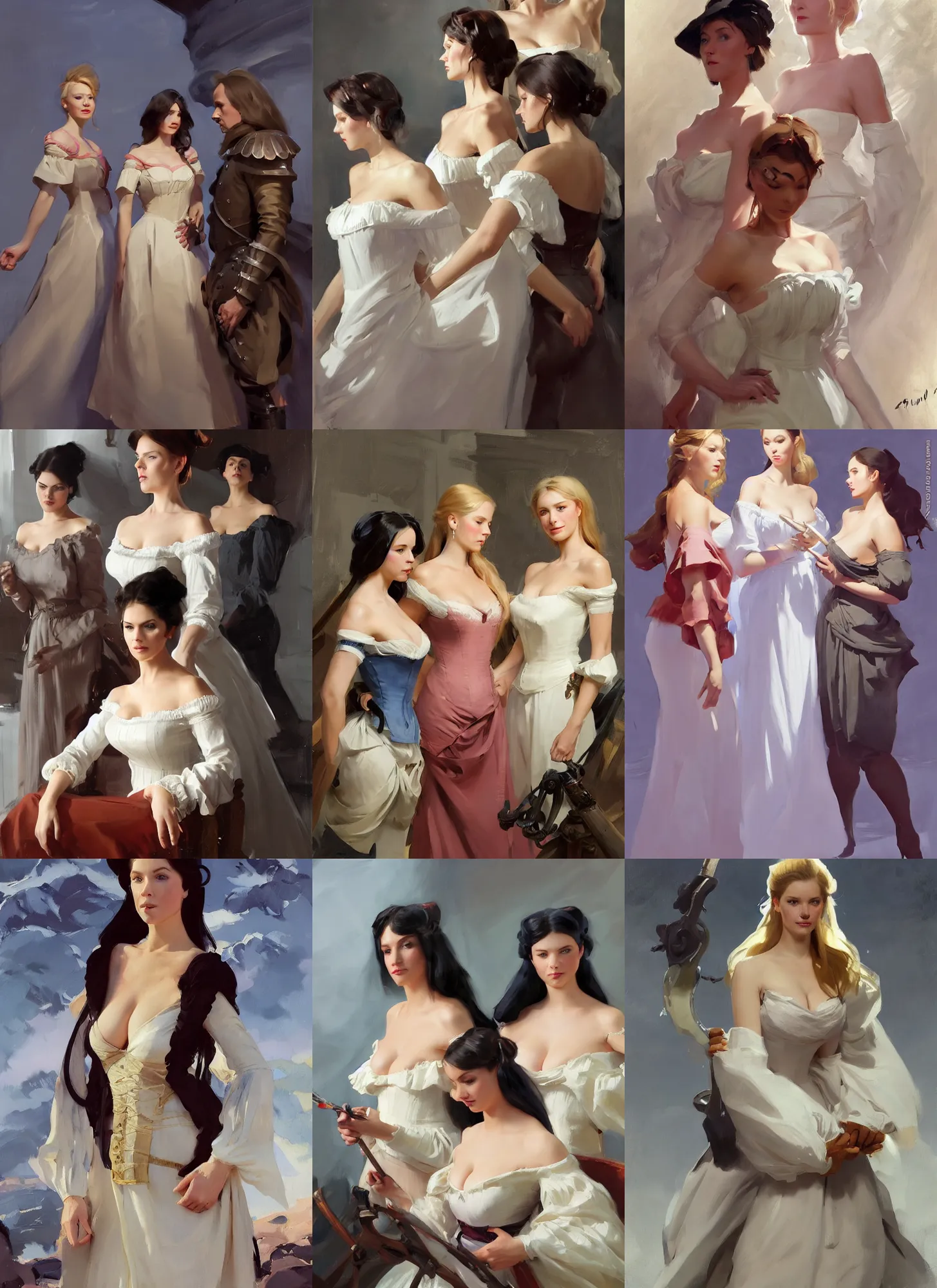 Prompt: three beautiful finnish norwegian swedish scandinavian attractive glamour models wearing 1 7 th century french off - the - shoulder neckline bodice with low neckline, jodhpurs greg manchess painting by sargent and leyendecker, studio ghibli fantasy medium shot asymmetrical intricate elegant matte painting illustration hearthstone, by greg rutkowski by greg tocchini by james gilleard