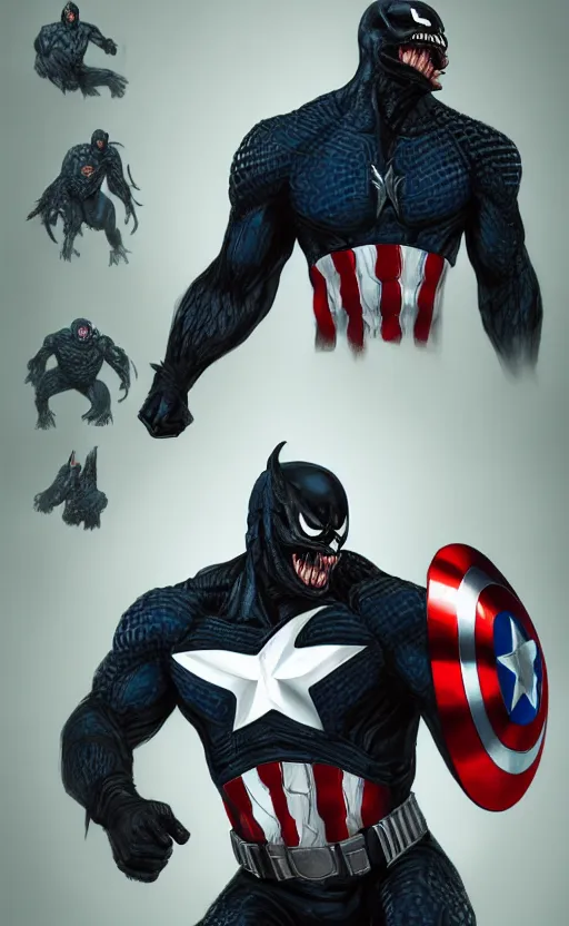 Image similar to full body portrait of venom as captain america, dynamic lighting, cinematic, ultra detailed, trending on art station, stunning visuals, creative, fantasy concept art