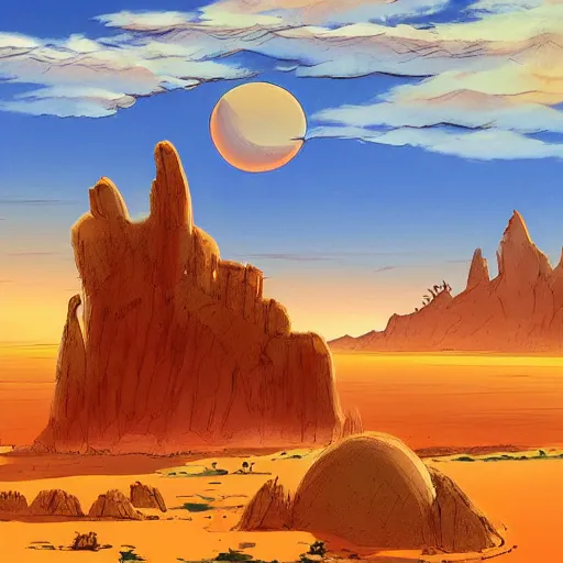 Prompt: desert scene, red sun, fantasy art, illustration, animated film, by studio ghibli