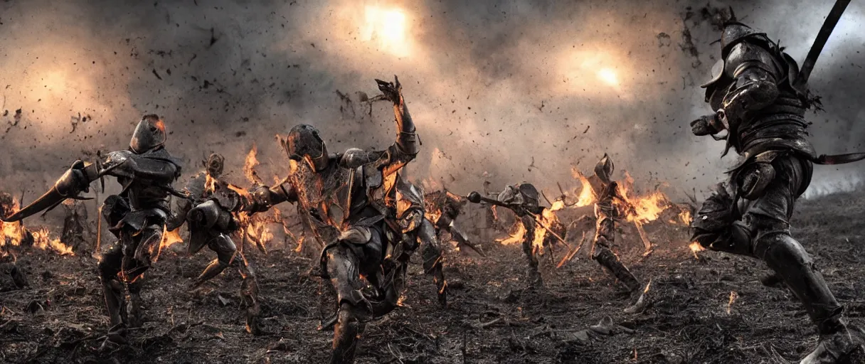 Image similar to knights in battle, rusted armor, swinging swords, kicking, boots stabbing, burning houses, running, fear, sanguinary blood splatters, flying mud, debris, boots, smoke, fighting, field, burning houses, dead bodies, wet, dawn, cold breath, hyper realistic, octane render, hyper detailed, cinematic, crane shot medium