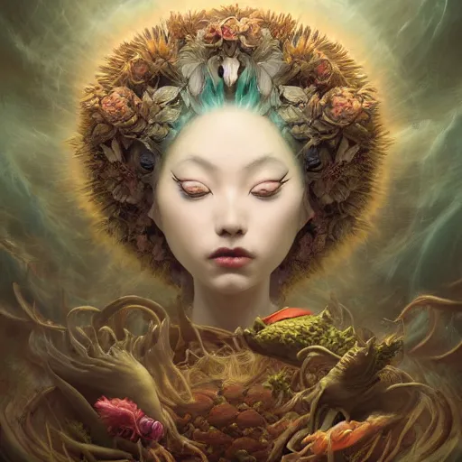 Prompt: by artgerm and agostino arrivabene, visually stunning, cinematic, ultra realistic, hyper realism, epic, octane render, unreal engine, vfx, geisha in garden, murloc tinyfin, dread infernal, wee whelp, battle ram