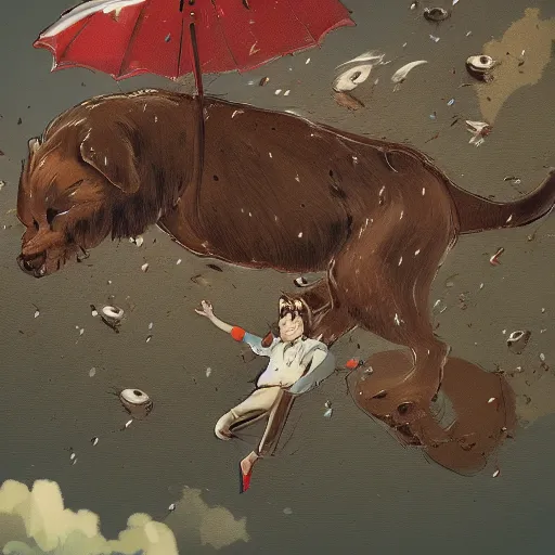 Image similar to giant cats and dogs are falling from the sky like rain, bystanders watching from the sides, 4 k, by miyazaki, monokubo, artstation,