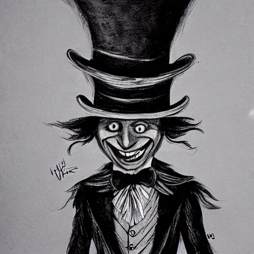 Prompt: horrifying charcoal drawing of the mad-hatter-willie-wonka-babadook