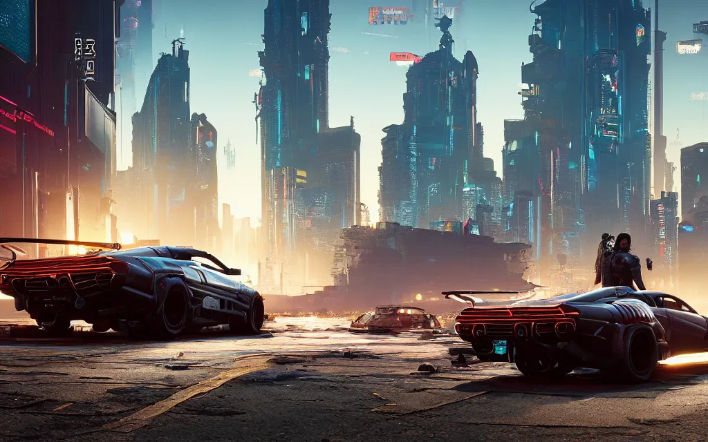Image similar to Cyberpunk 2077 car Quadra Turbo-R V-Tech, driving down dusty city dystopian, long distance shot , by Mead, Syd