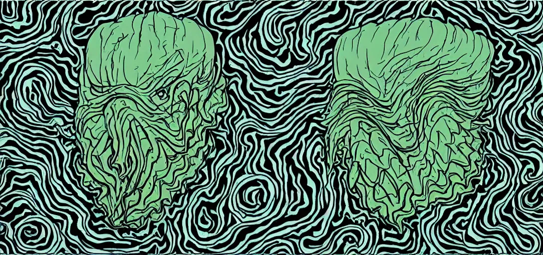 Image similar to shape-shifting Cthulhu lost in the tv show Twin Peaks, fractal tile, mike judge art style, 90s mtv illustration, surrealism, David Lynch's hair