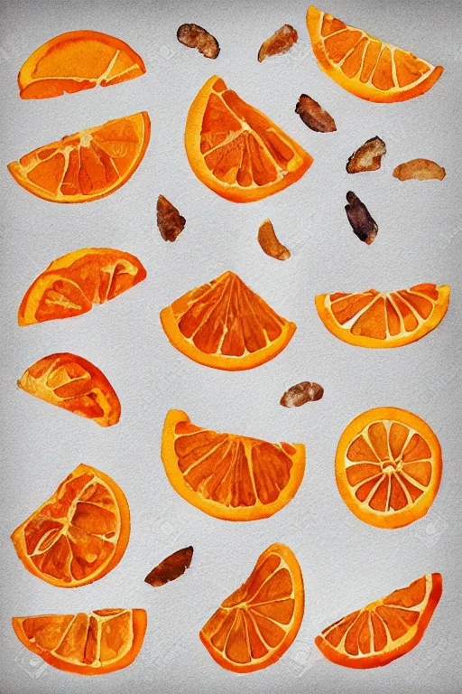 Image similar to minimalist watercolor art of dried orange slices on white background, illustration, vector art