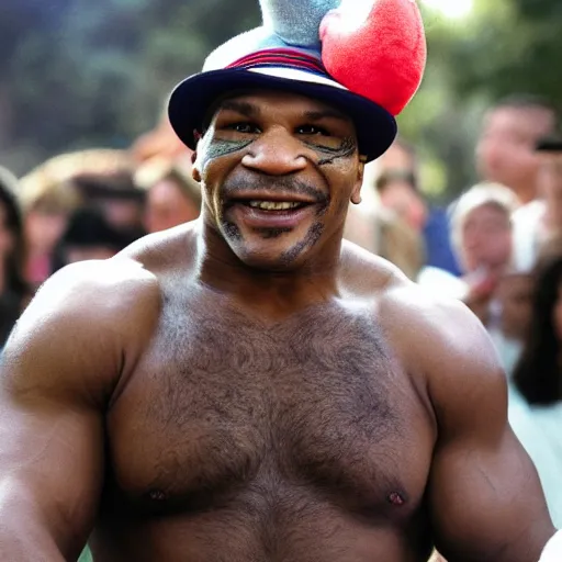 Image similar to mike tyson, wearing a silly hat, tinder profile