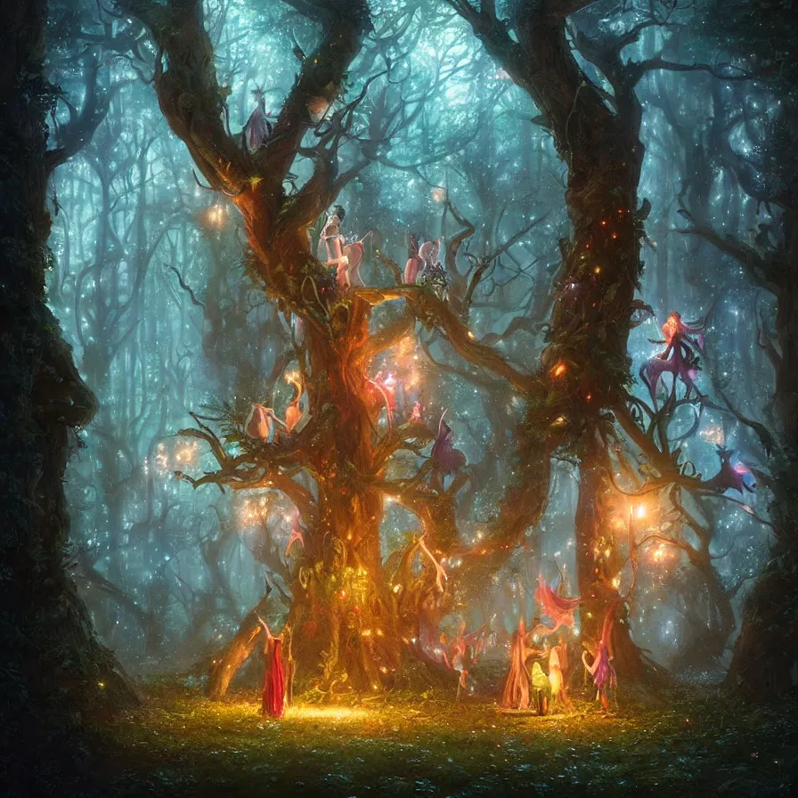Image similar to a night carnival fairies around a magical tree, christmas lights, creatures and fantastic people disguised as fantastic creatures in a magical forest by summer night, masterpieceunderwater scene, painted by greg rutkowski and rene laloux, volumetric lightning