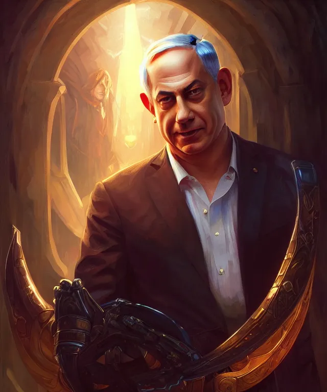 Image similar to Benjamin Netanyahu as a fantasy magic man portrait, sci-fi, amber eyes, face, fantasy, intricate, elegant, highly detailed, digital painting, artstation, concept art, smooth, sharp focus, illustration, art by artgerm and greg rutkowski and alphonse mucha