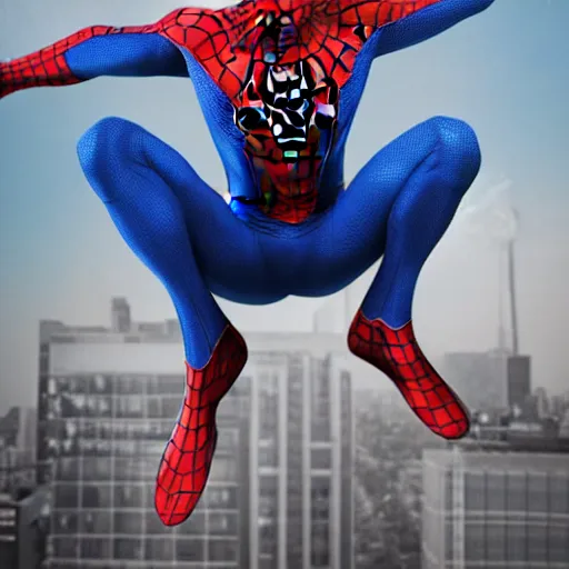 Image similar to hyper realistic photo of spiderman with a blue suite