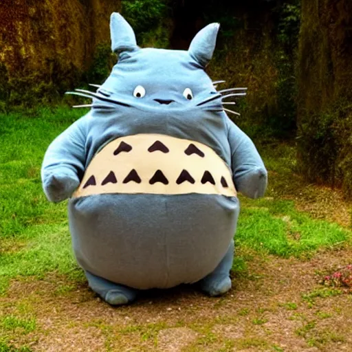 Image similar to ultra unhealthy fat cat dressed in a funny totoro costume realistic photograph