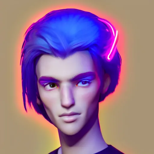 Image similar to social network avatar of young male with dark hair, neon lighting, hyperrealistic, trending on Artstation