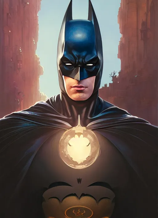 Image similar to highly detailed portrait of batman, unreal engine, fantasy art by greg rutkowski, loish, rhads, ferdinand knab, makoto shinkai and lois van baarle, ilya kuvshinov, rossdraws, tom bagshaw, alphonse mucha, global illumination, radiant light, detailed and intricate environment