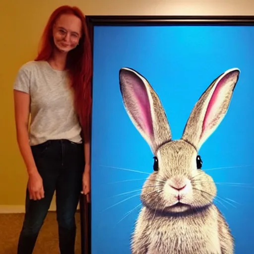 Image similar to a rabbit posing proudly next to a painting of a human