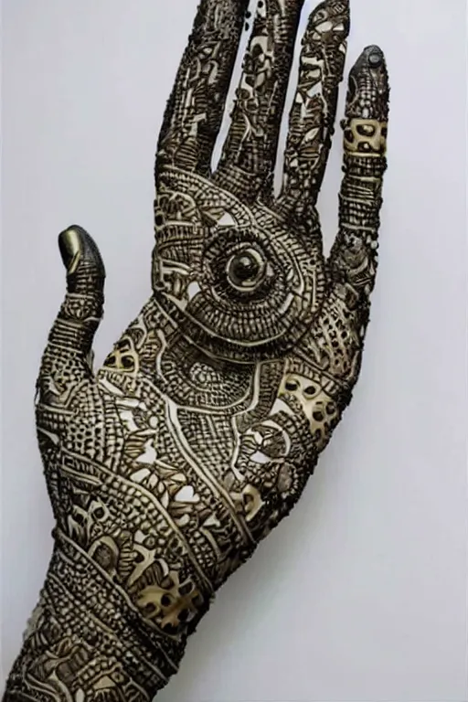 Prompt: ceramic robotic hand covered in henna