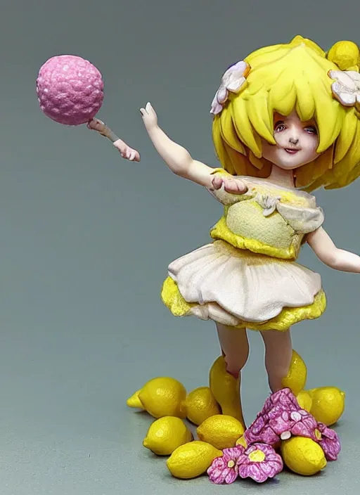 Image similar to a wholesome femo figurine of a cute funny lemon fairy with freckles wearing a frilly floral lemon dress featured on dark souls by studio ghibly and h r giger made of lemon curd jar, pastels, wide angle, dynamic dancing pose, 🎀 🍋 🧚