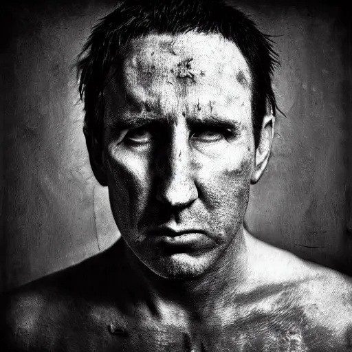 Prompt: portrait of trent reznor with long hair as a zombie by lee jeffries and michael hussar, horror, grotesque, award winning, sony a 7 r, trending on artstation