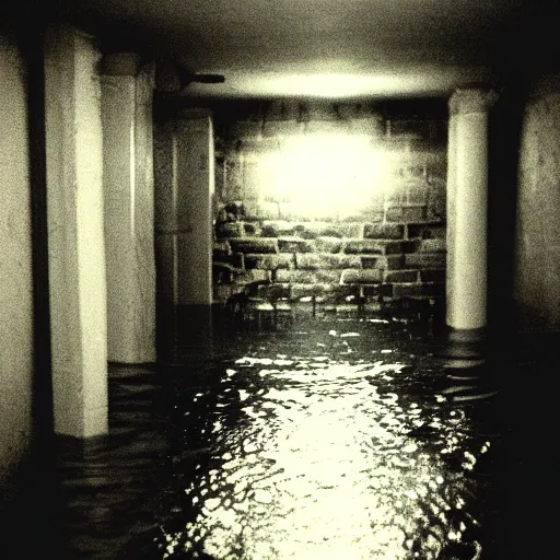 Prompt: a flooded creepy empty basement hallway with a creature standing in the dark, shaky, film grain, craigslist photo