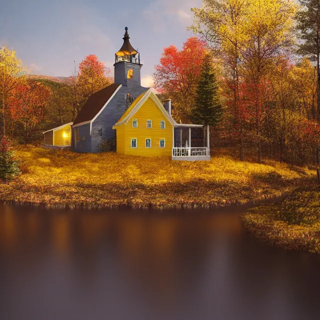 Image similar to yellow colonial new england house near a small river, fall foliage forest, large chimney, lights on inside, vermont mountain background, light cinematic, volumetric, realistic, cinematic lighting, ray tracing, unreal engine 5, octane render, hyper realistic, 8 k