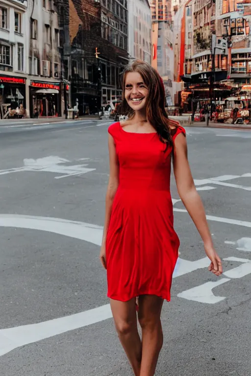 Image similar to blurry photo portrait of a smiling pretty woman in a red sleeveless dress, out of focus, city street scene