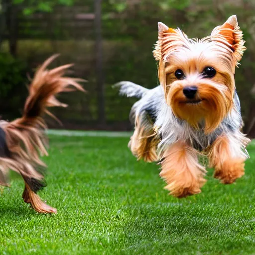 Prompt: a young yorkie dog, playing in the back yard after it rained on a cloudy day, and a kid running around with them, realistic photo