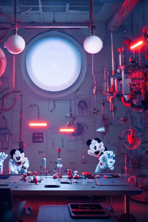 Image similar to bunch of mechanics operating bloody mickey mouse in science facility, big glowing netflix logo behind, greg rutkowski, beeple, gilleard, alphonse mucha cgsociety, unreal engine, octane render, highly detailed 4 k art, smooth, sharp focus, cinematic lighting,