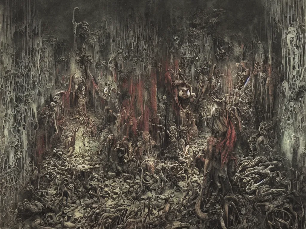 Image similar to an eerie painting of a cacophony of demons sacrificing humans in a grungy derelict georgian manor interior with colourful graffiti on the walls and garbage scattered on the floor, reclaimed by nature by zdzisław beksinski, wayne barlowe, hr giger, luis royo, agostino arrivabene