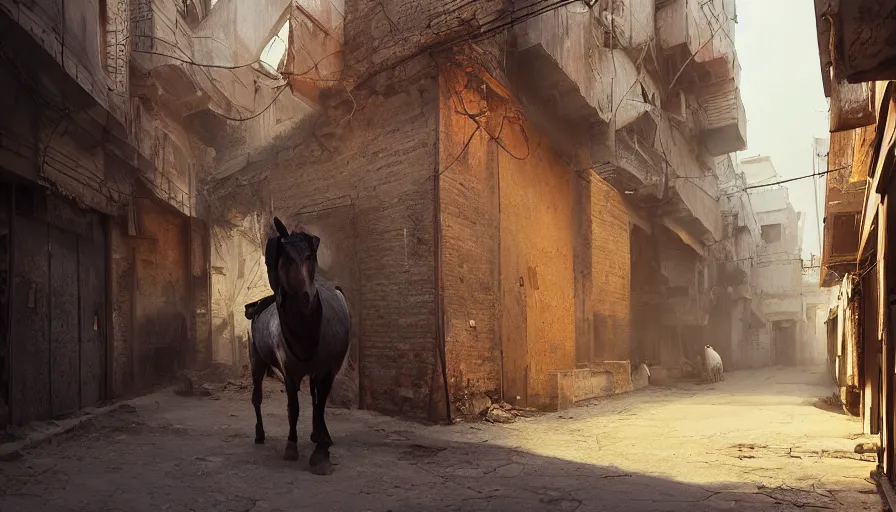 Prompt: old jeddah city alley, roshan, old shops, horse, magical glowing time portal, a nomad wearing a worn out torn coat, dramatic lighting sci fi, by caspar david friedrich by beeple and james gilleard and justin gerard, centered, artstation, smooth, sharp focus, photoreal octane render, 3 d, by jean baptiste monge