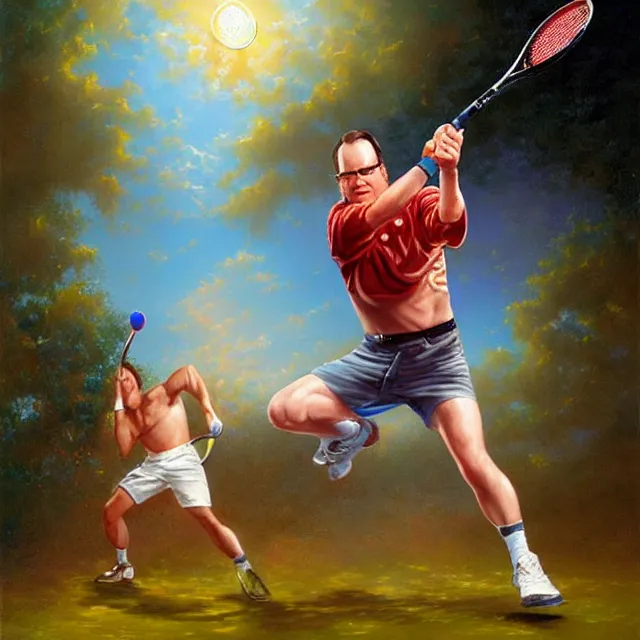 Prompt: jim cornette swinging a tennis racket, an oil painting by ross tran and thomas kincade