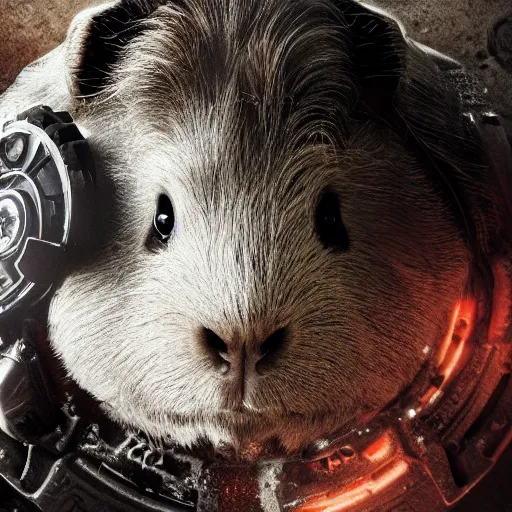 Image similar to guinea pig in gears of war, splash art, movie still, detailed face, photorealistic facial features, cinematic lighting, dramatic, octane render, long lens, shallow depth of field, bokeh, anamorphic lens flare, 8 k, hyper detailed, 3 5 mm film grain