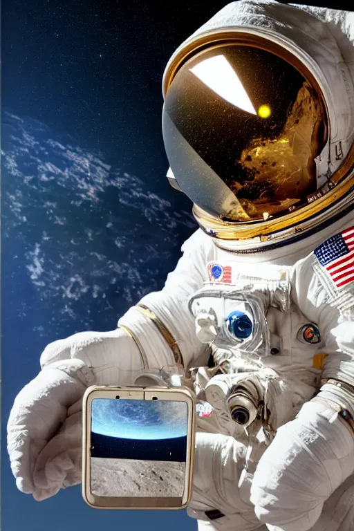 Prompt: extremely detailed studio portrait of space astronaut taking a selfie, holds a smart phone in one hand, phone!! held up to visor, reflection of phone in visor, moon, extreme close shot, soft light, golden glow, award winning photo by james van der zee