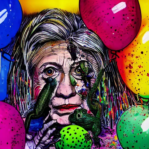 Image similar to Hillary Clinton with a lizard face looking at brightly colored balloons, Ralph steadman, psychedelic, surreal, ink splatter, detailed, 4k