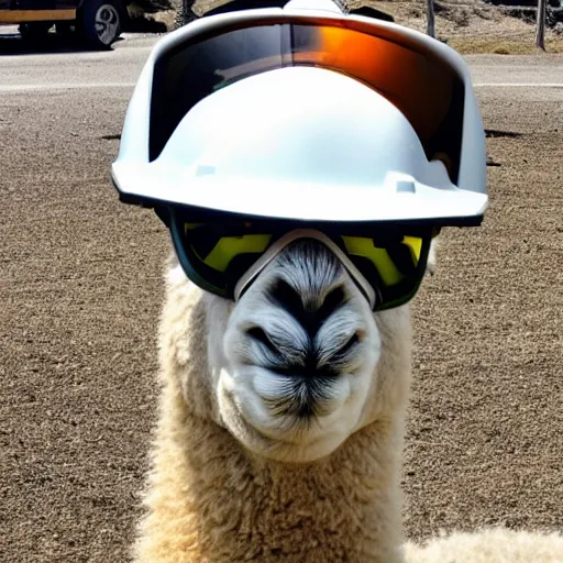 Prompt: an alpaca wearing a construction helmet and safety goggles