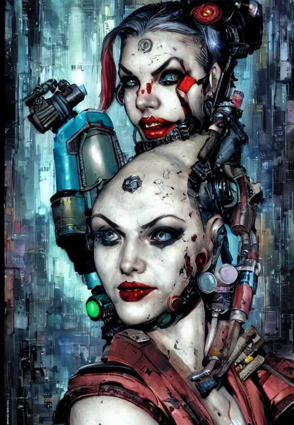 Image similar to a dream portrait of cyberpunk Harley Quinn in post apocalyptic Gotham art by Paul Dini, Travis Charest, Simon Bisley