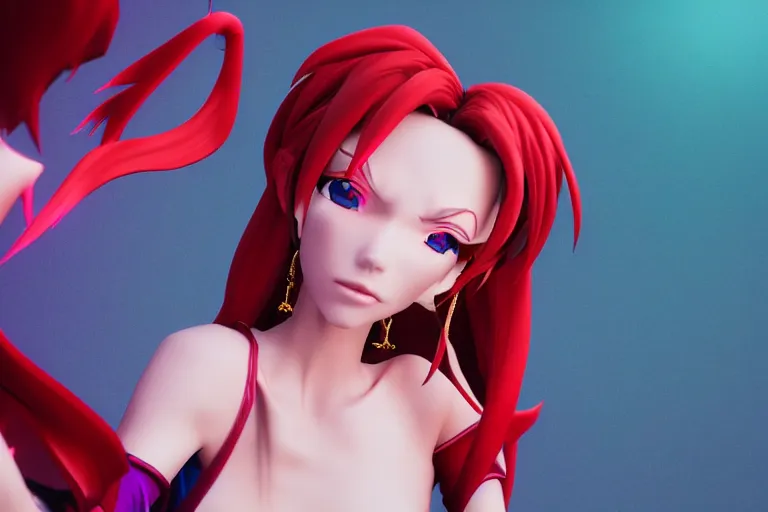 Prompt: character Lina Inverse from anime Slayers (1995 – 2009), rendered in Cinema 4D and Octane and Unreal Engine 5, hyperrealism, full body photogenic shot, digital render, cinematic lighting ornate earrings, 8k resolution, masterpiece work