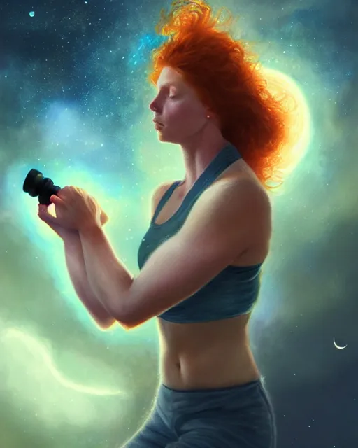 Prompt: female astronomer using telescope, perfect face, halter top, ginger hair, abs, cinematic, freckles, stunning, athletic, strong, agile, highly detailed, psychedelic, digital painting, artstation, smooth, hard focus, illustration, art by jessica rossier and and brian froud