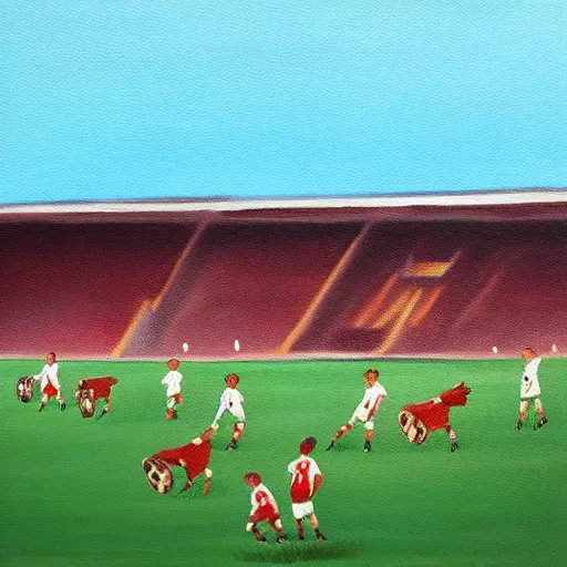 Image similar to painting of soccer game played by cows