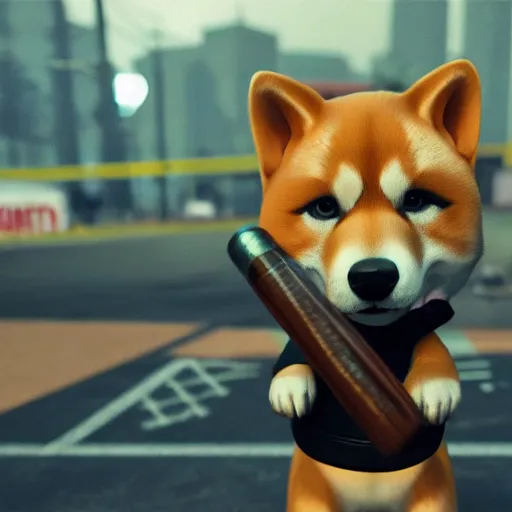 Image similar to police shiba inu holding a baseball bat on his hand, cinematic lightning, 4 k, ultra detailed, trending on artstation, masterpiece, digital art.