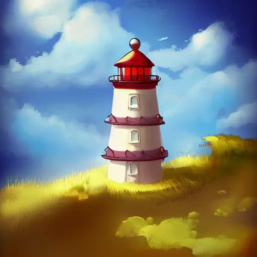Prompt: beautiful cute cozy little lighthouse by the sea, puffy clouds, style of hayao miyazaki, digital art trending on artstation