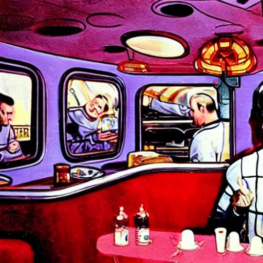 Image similar to astronaut in space suit sitting in a 1950s diner, in the style of Chesley Bonestall, red purple black colors,