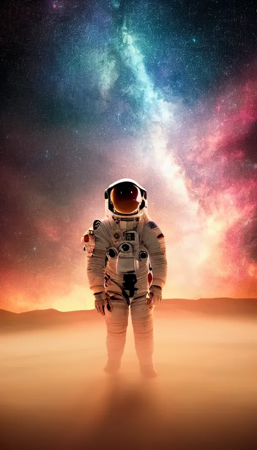 Image similar to an astronaut looking at the horizon of a starry sky, on an alien planet, cinematic, dramatic, color grading, photojournalism, colorful, highly detailed