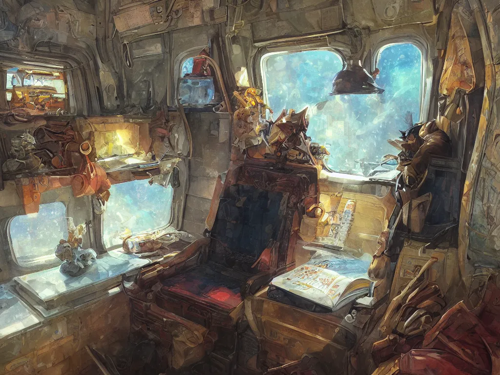 Image similar to detailed painting of a magical book laying open on the seat of a modern train car by Krenz Cushart, fantasy, dramatic light