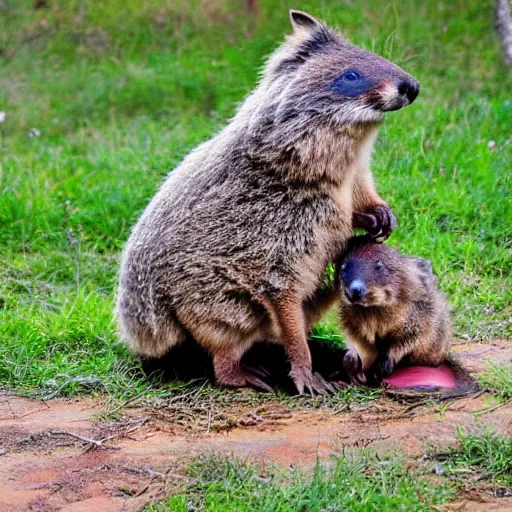 Image similar to wombat sitting on a fox, cute, realistic